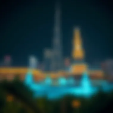 Night view showcasing Burj Park illuminated against the Dubai skyline