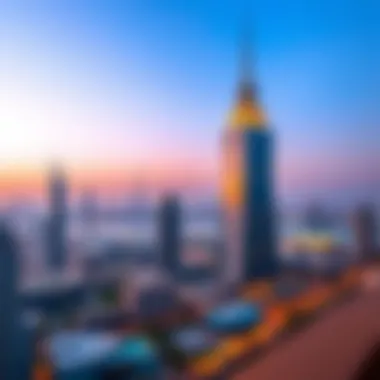Panoramic skyline view of Dubai with Awqaf Building Panoramic skyline view of Dubai featuring the Awqaf Building