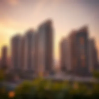 Luxurious high-rise buildings in Dubai at sunset