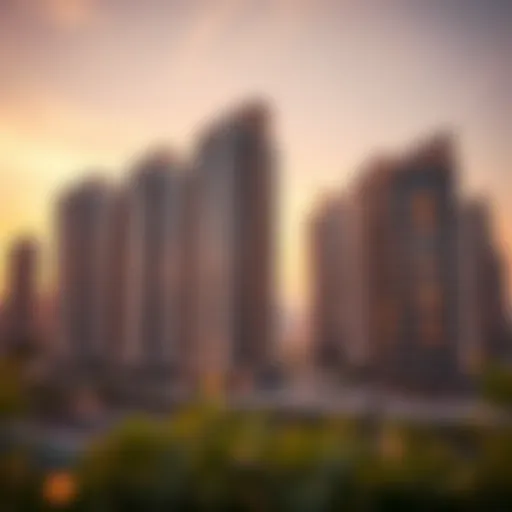 Luxurious high-rise buildings in Dubai at sunset