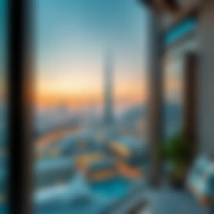 Scenic view of Dubai skyline from a studio apartment balcony