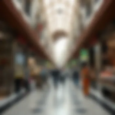 A bustling scene of shoppers exploring various shops