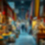 Vibrant market stalls filled with spices and textiles