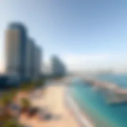 A panoramic view of the stunning Marina JBR Beach with high-rise buildings in the background.