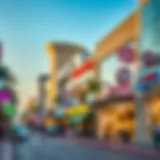 A vibrant street view of retail shops in Al Quoz