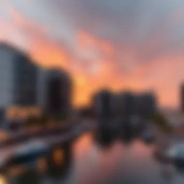 Modern Apartments at Sunset Stunning sunset over Dubai Creek with modern apartments