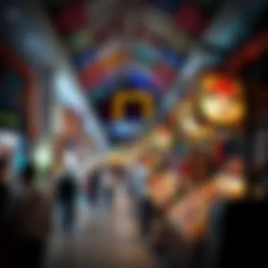 Colorful stalls representing various cultures within the mall, highlighting artisan crafts.