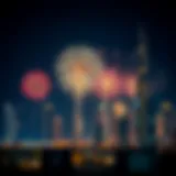 Celebratory fireworks illuminating the Dubai skyline during a public holiday