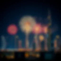 Celebratory fireworks illuminating the Dubai skyline during a public holiday