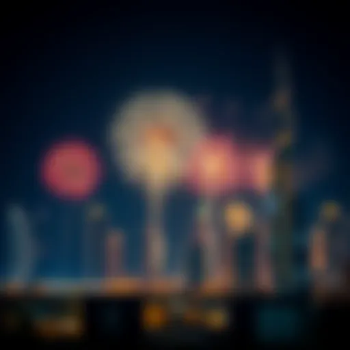 Celebratory fireworks illuminating the Dubai skyline during a public holiday